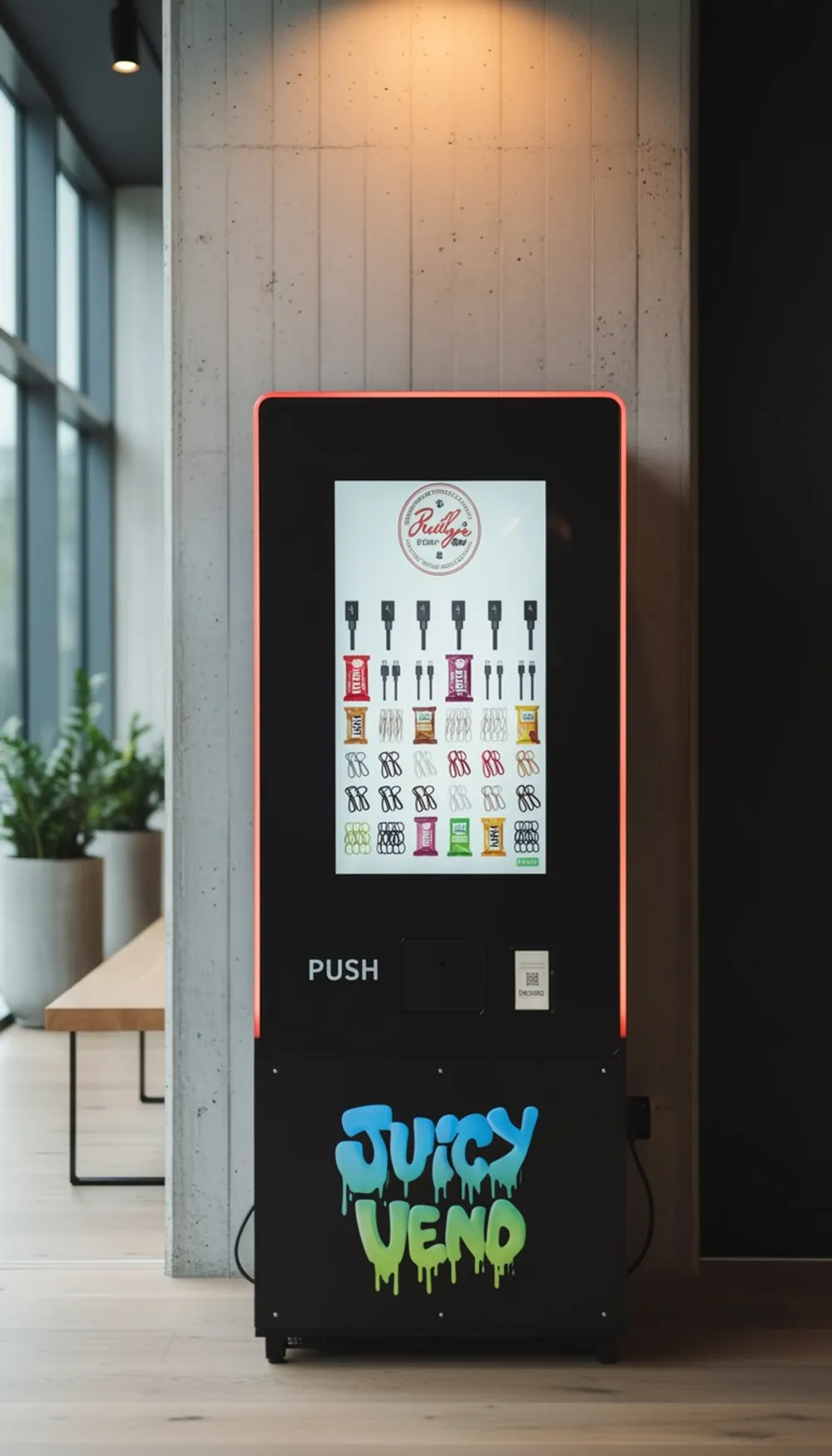JV180 with the Juicy Vend logo on its base panel
