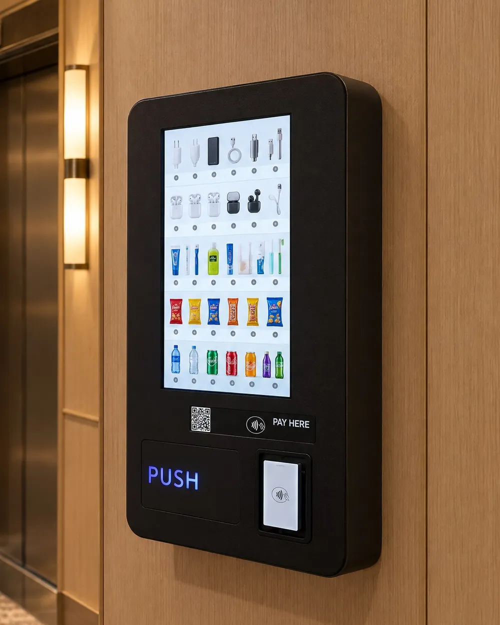 JV mini wall-mounted in a hotel corridor, selling chargers, toiletries and snacks