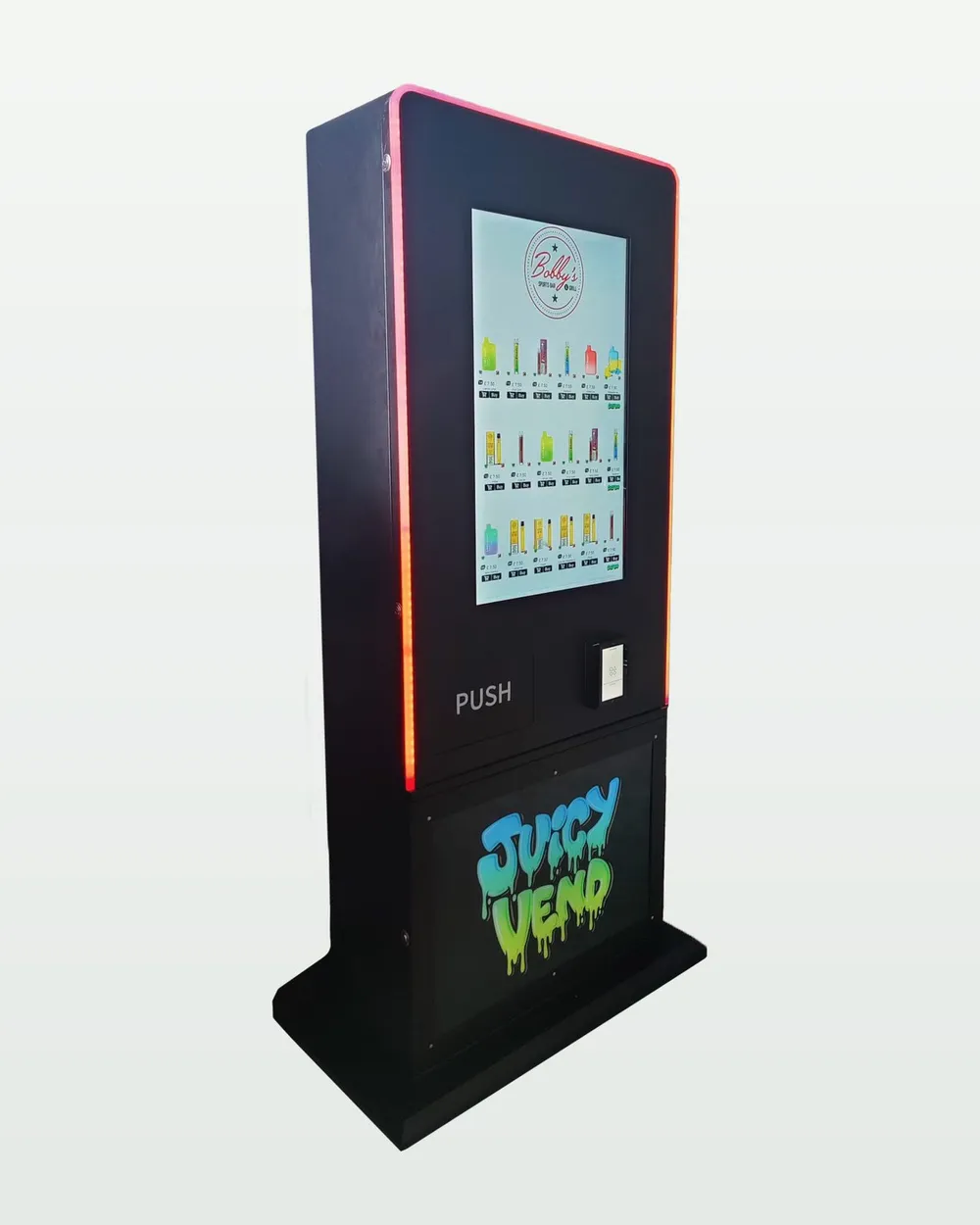 JV180 with red LED edge lighting and the Juicy Vend logo on its base