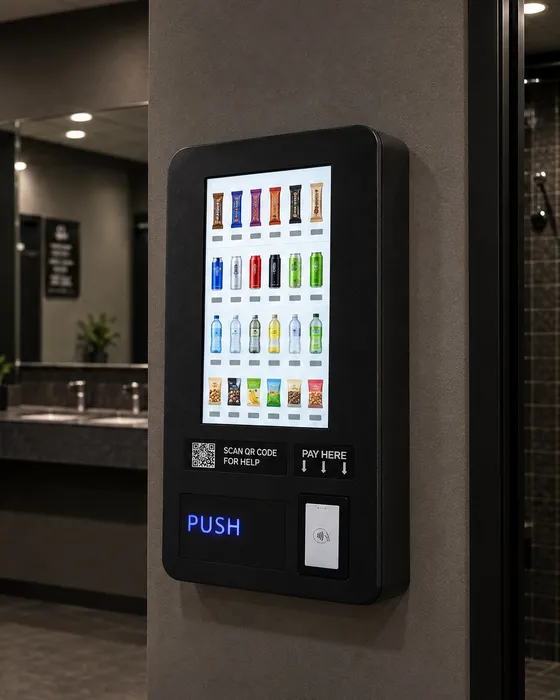 JV mini wall-mounted touchscreen vending machine in a gym changing room