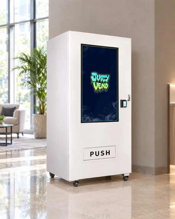 JV580 lifestyle vending machine in white with a large touchscreen, shown in a hotel lobby